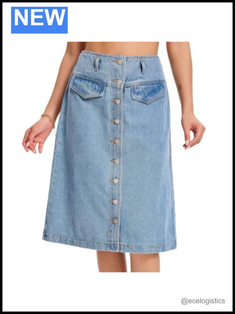 Women's Button Down Denim Skirt Below Knee A-Line Jean Skirt with Belt